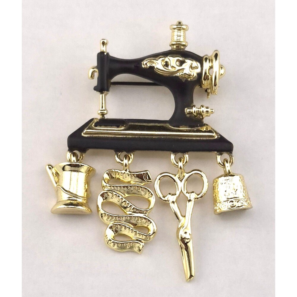 Vintage Signed AJC Sewing Machine Charm Brooch Pin Black Enamel Gold Tone